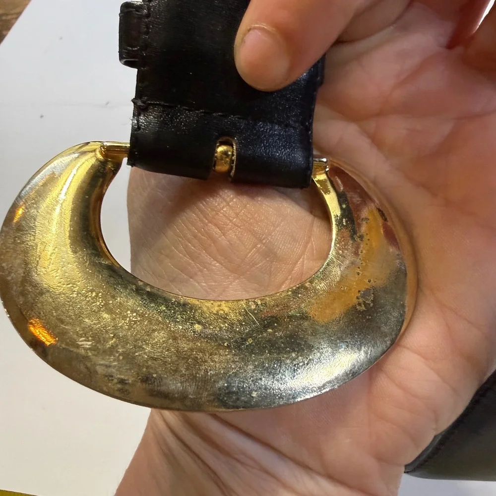 Paul Harris Vintage Black Leather Belt Gold Crescent Buckle Wide Statement Med